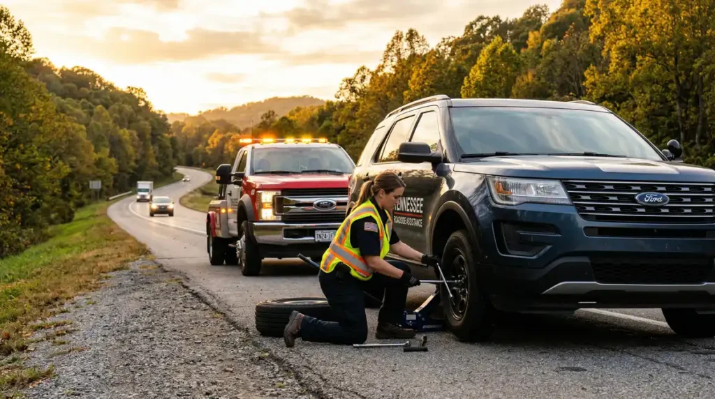 Roadside assistance worker changing a flat tire on a Tennessee highway